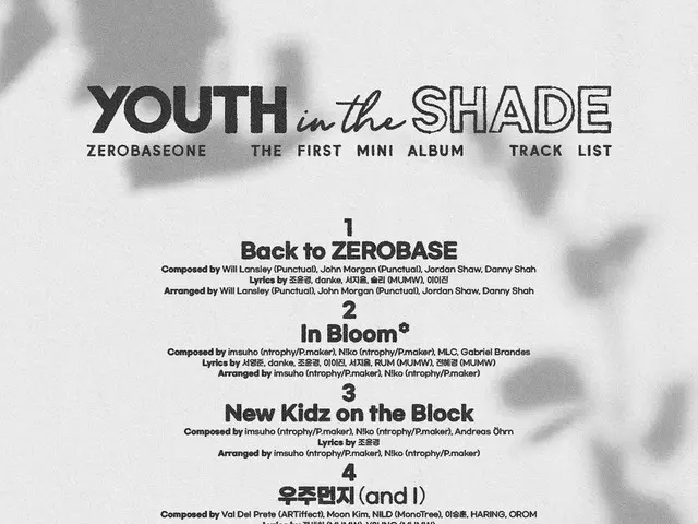 ZEROBASEONE(ZB1)、デビューアルバム「YOUTH IN THE SHADE」のトラックリストイメージを公開。