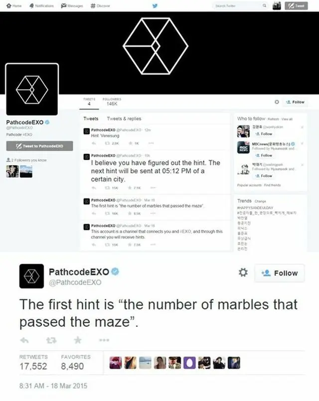 来る30日に公開される「EXO」の2ndアルバム関連公式プロモーションTwitterが開設され、フォロワー数が1日で14万6000人（20日午前現在）を突破した。（提供:OSEN）