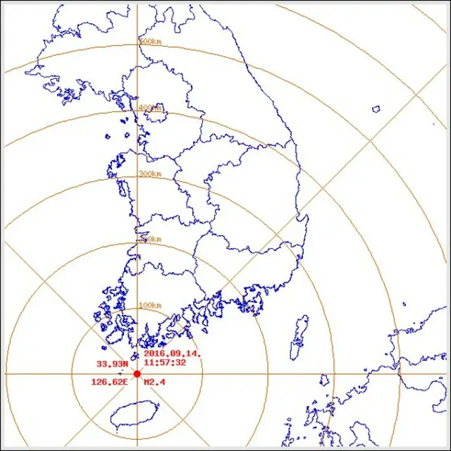 14日午前11時57分ごろ、韓国・全南（チョンナム）・莞島郡（ワンドグン）南南西44kmの海域でマグニチュード（M）2.4の地震が発生した。