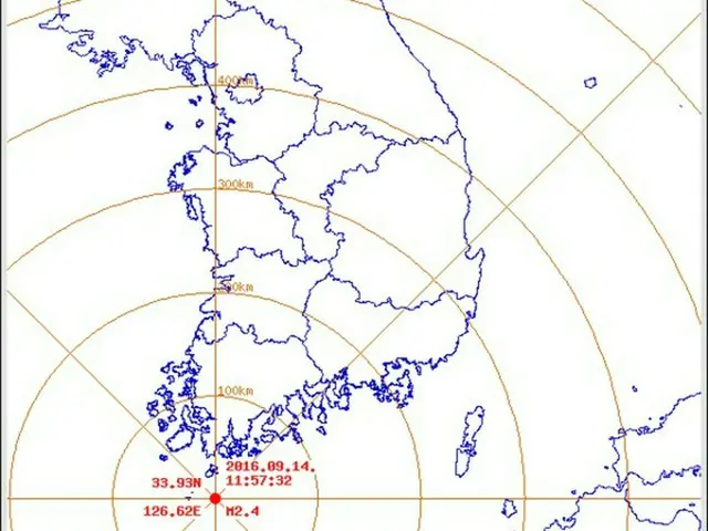 14日午前11時57分ごろ、韓国・全南（チョンナム）・莞島郡（ワンドグン）南南西44kmの海域でマグニチュード（M）2.4の地震が発生した。