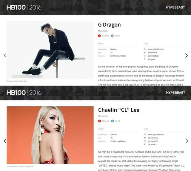 韓国歌手G-DRAGON（28、BIGBANG）とCL（25、元2NE1）が世界的ファッションサイト「HYPEBEAST」が選定した2016年影響力がある100人に選ばれた。（提供:OSEN）