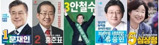 選挙ポスター。左から文在寅氏、洪準杓氏、安哲秀氏、劉承ミン氏、沈相ジョン氏（資料写真）＝１６日、ソウル（聯合ニュース）