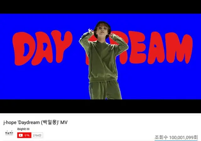 「防弾少年団」メンバー、J-HOPEのMV「Daydream（白昼夢）」が1億ビューを突破した。（提供:news1）