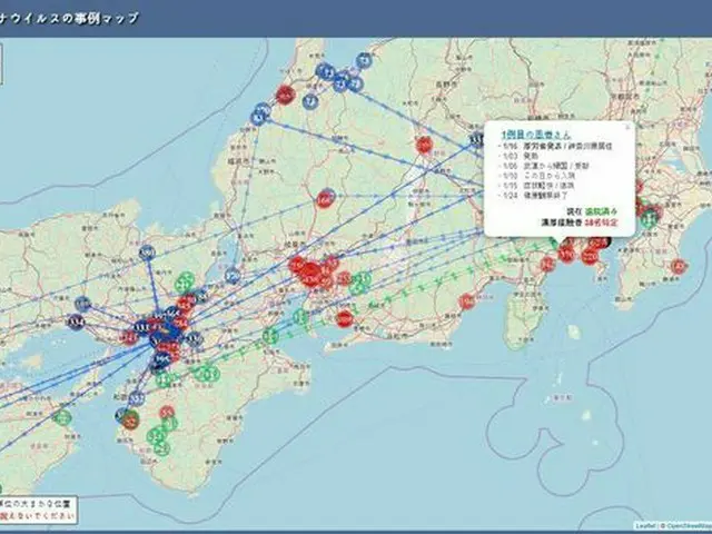 韓国出身で九州大学の学生が考案した新型コロナウイルス感染者地図が日本で好評を得ている（出典:大学生が考案した「新型コロナウイルスの事例マップ」）