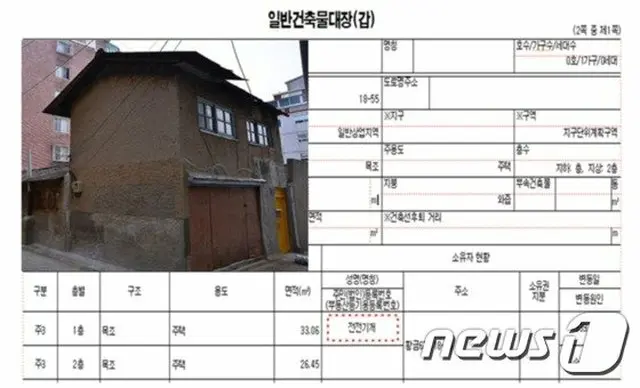 日本による「植民地時代の残滓」とされる家屋と「建築物台帳」の例示（提供:news1）