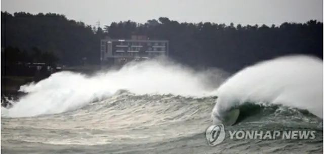 非常に強い台風9号が韓国南部の済州島に接近している。台風の影響で高波が押し寄せる同島南部・西帰浦の海＝2日、西帰浦（聯合ニュース）