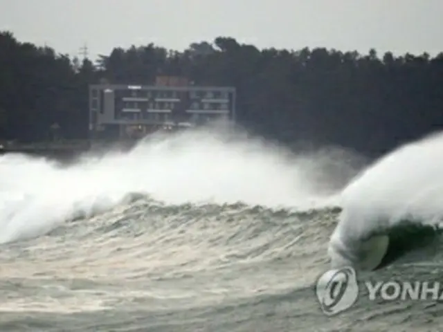 非常に強い台風9号が韓国南部の済州島に接近している。台風の影響で高波が押し寄せる同島南部・西帰浦の海＝2日、西帰浦（聯合ニュース）