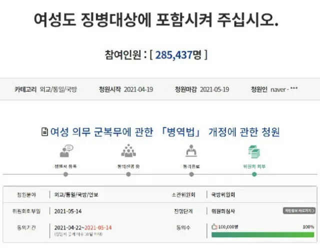 韓国の国会 国民同意請願 掲示板にあげられた「女性も徴兵対象に含めてください」（参加人数285,437人）（画像提供:wowkorea）