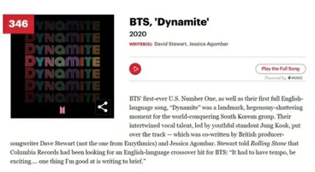 BTSの「Dynamite」が米誌「ローリングストーン」が選ぶ「オールタイム・グレイテスト・ソング500」の346位に入った（ローリングストーンのホームページより）＝（聯合ニュース）≪転載・転用禁止≫