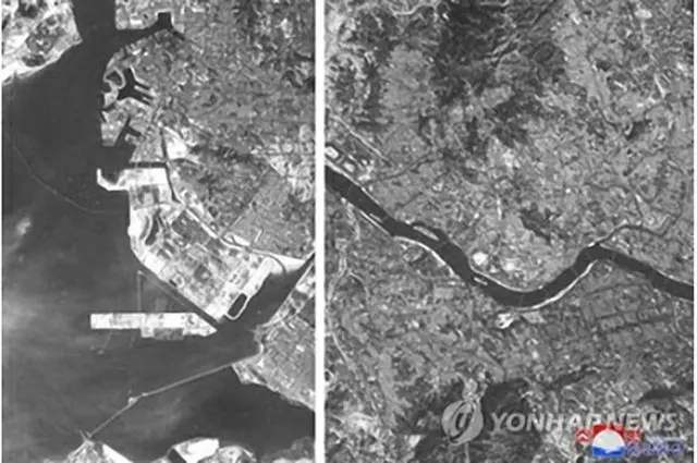 北朝鮮メディアが19日に公開した写真。韓国の仁川港（左）とソウル市内（右）が写っている＝（朝鮮中央通信＝聯合ニュース）≪転載・転用禁止≫