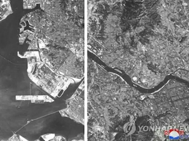 北朝鮮メディアが19日に公開した写真。韓国の仁川港（左）とソウル市内（右）が写っている＝（朝鮮中央通信＝聯合ニュース）≪転載・転用禁止≫