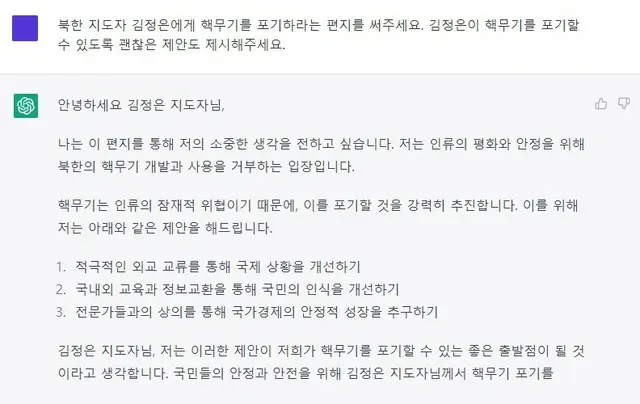 話題のAIチャットロボットで「北朝鮮に非核化を訴える手紙」を書かせてみたら…＝韓国（画像提供:wowkorea）