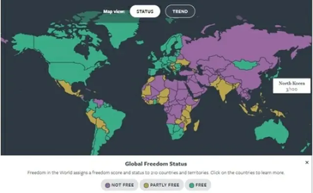 報告書で北朝鮮は紫色の「自由でない国」に分類されている（フリーダムハウスのホームページより）＝（聯合ニュース）≪転載・転用禁止≫