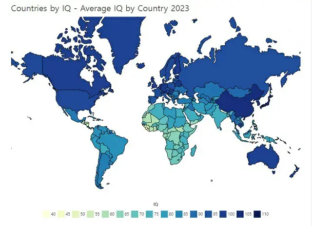 世界人口レビューのサイト。色が濃いほど平均IQが高い地域である（画像提供:wowkorea）