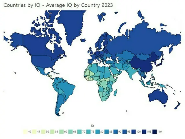 世界人口レビューのサイト。色が濃いほど平均IQが高い地域である（画像提供:wowkorea）