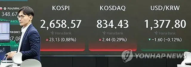 取引時間中のハナ銀行本店のディーリングルーム＝３１日、ソウル（聯合ニュース）