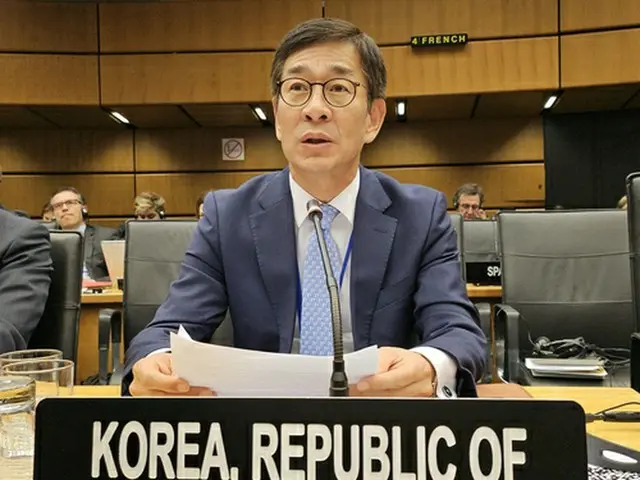 ＩＡＥＡの定例理事会で発言する韓国の咸相旭（ハム・サンウク）駐オーストリア大使（在オーストリア韓国大使館提供）＝（聯合ニュース）≪転載・転用禁止≫