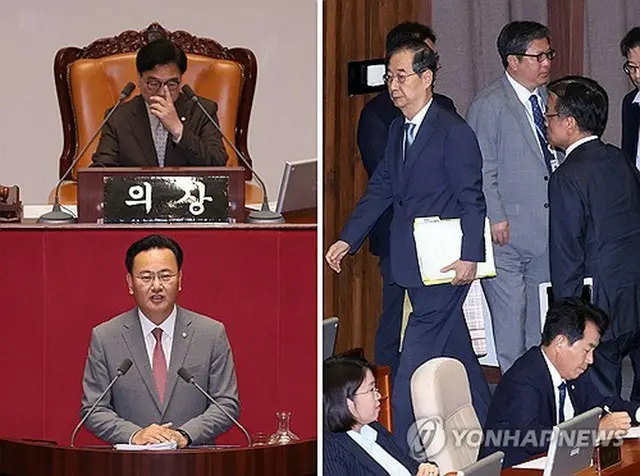 フィリバスターに突入後、演説を行う国民の力の劉相凡（ユ・サンボム）議員（写真左）と、対政府質疑が中止になり本会議場を退場する韓悳洙（ハン・ドクス）首相と崔相穆（チェ・サンモク）経済副首相兼企画財政部長官（同右）＝３日、ソウル（聯合ニュース）