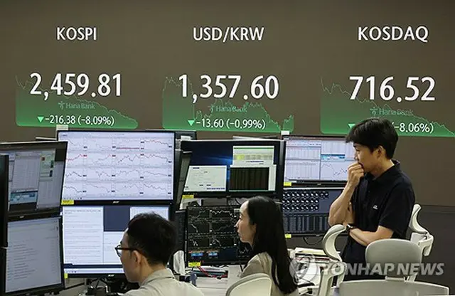 ＫＯＳＰＩ、ウォンの対ドル相場、コスダックの指数を表示するハナ銀行本店のディーリングルームの電光掲示板＝５日、ソウル（聯合ニュース）