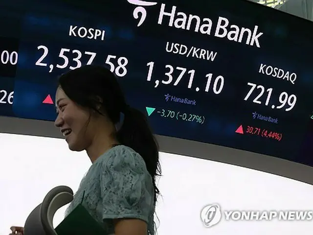 ＫＯＳＰＩ、ウォンの対ドル相場、コスダックの指数を表示するハナ銀行本店のディーリングルームの電光掲示板＝６日、ソウル（聯合ニュース）