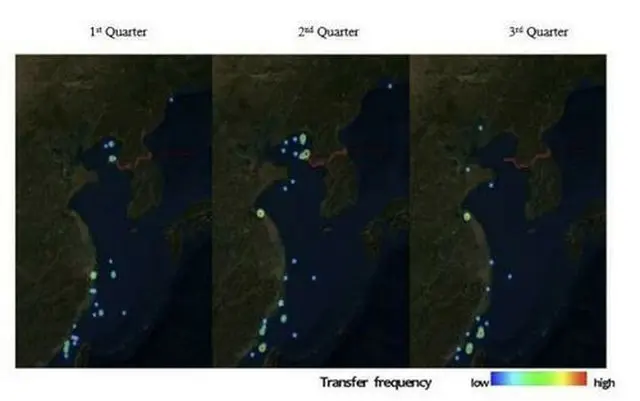 ２０２３年、海上で積み荷を移し替えて密輸する北朝鮮の「瀬取り」が確認された地点（国連安保理専門家パネルの報告書より）＝（聯合ニュース）≪転載・転用禁止≫