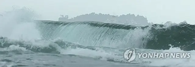 台風９号が接近し、押し寄せる波が強まる済州道西帰浦市の海岸＝２０日、西帰浦（聯合ニュース）