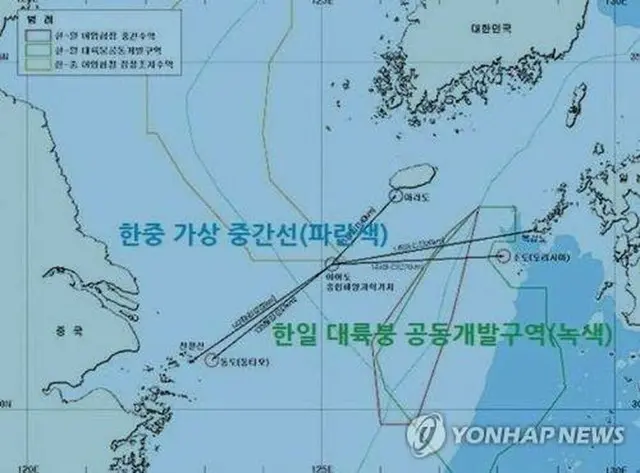 緑色の線で囲まれた部分が共同開発区域に設定されている（韓国海洋水産開発院提供）＝（聯合ニュース）≪転載・転用禁止≫