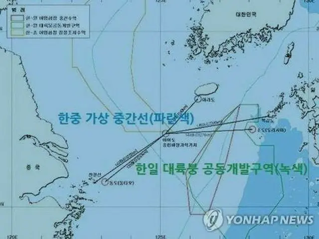 緑色の線で囲まれた部分が共同開発区域に設定されている（韓国海洋水産開発院提供）＝（聯合ニュース）≪転載・転用禁止≫