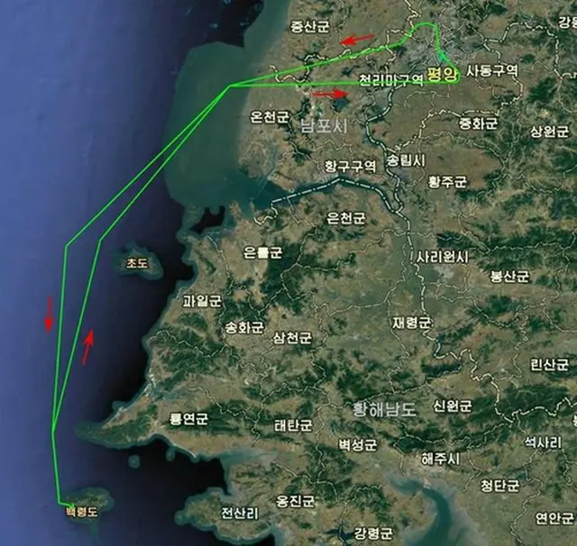 北朝鮮が示した無人機の飛行経路＝（朝鮮中央通信＝聯合ニュース）≪転載・転用禁止≫