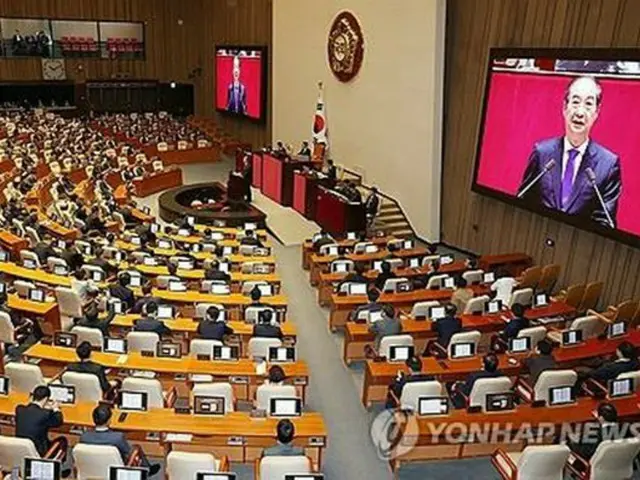 施政方針演説が行われた国会本会議場＝４日、ソウル（聯合ニュース）