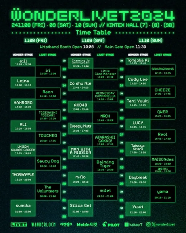 「ＷＯＮＤＥＲＬＩＶＥＴ２０２４」のタイムテーブル（企画会社提供）＝（聯合ニュース）≪転載・転用禁止≫