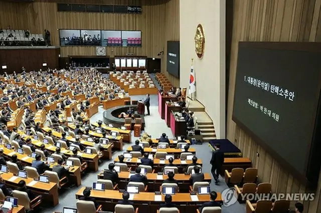 弾劾訴追案の採決を行う国会＝１４日、ソウル（聯合ニュース）