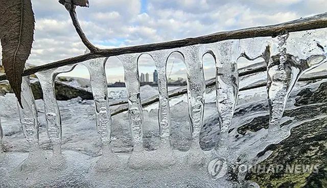 ソウルの最低気温が氷点下７．８度まで下がった先月２３日、市内を流れる漢江の周辺につららができている＝（聯合ニュース）