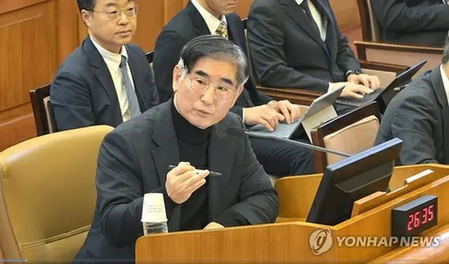 弾劾審判の弁論に証人として出席した金龍顕・前国防部長官（憲法裁判所提供）＝（聯合ニュース）≪転載・転用禁止≫