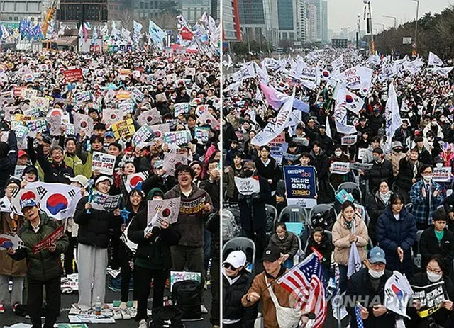 ３月１日にソウルで開かれた尹錫悦（ユン・ソクヨル）大統領の罷免を求める集会（左）と尹大統領の弾劾に反対する集会＝（聯合ニュース）