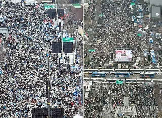 ソウル都心の各地で１日に行われた弾劾の賛成派と反対派の集会＝（聯合ニュース）