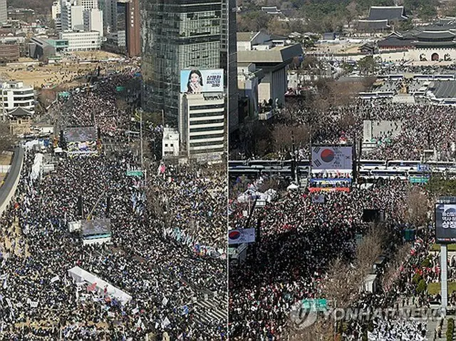 ３月１５日に開かれた尹大統領の弾劾に賛成する集会（左）と弾劾に反対する集会＝（聯合ニュース）